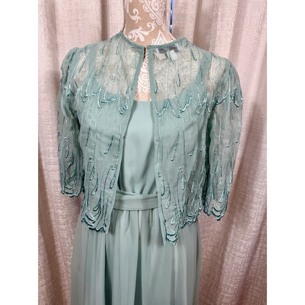 Jack Bryan Seafoam Chiffon Maxi Dress w/ Beaded Sheer Jacket – Size 10 - Picture 5 of 15